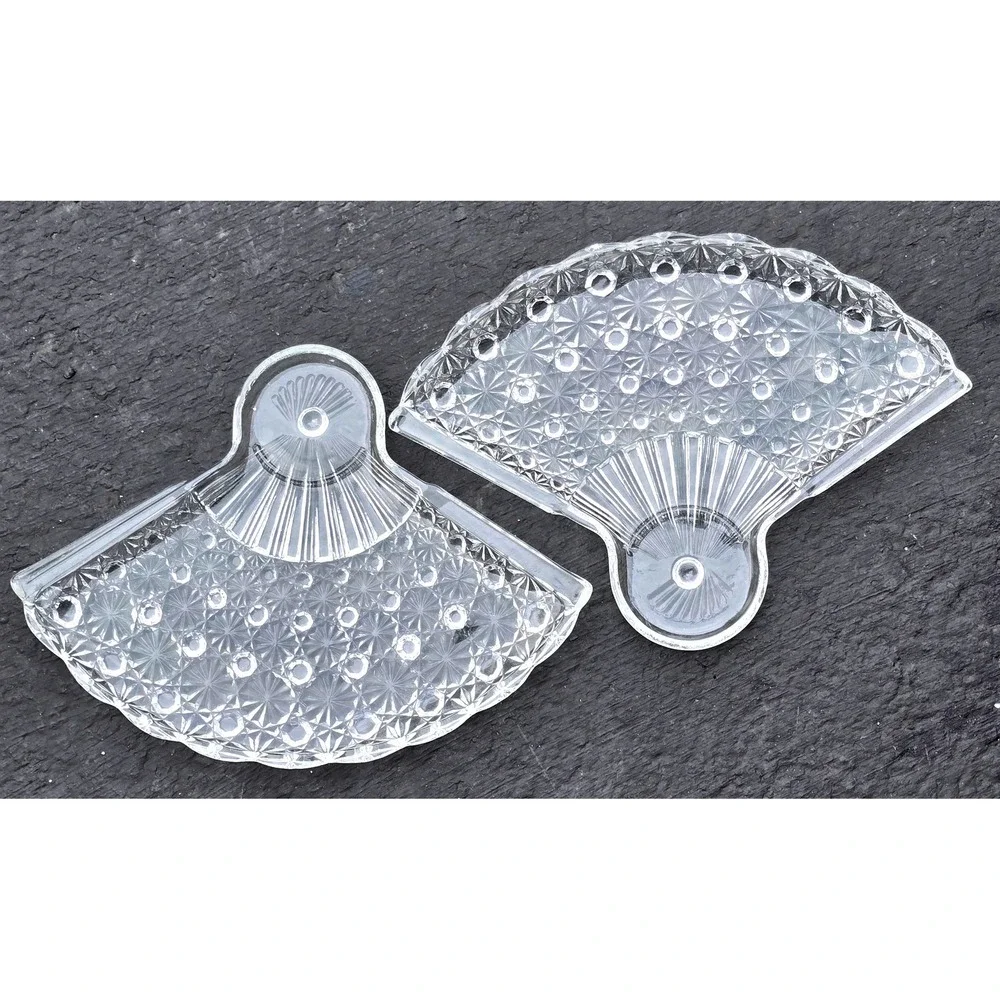 1960's Anchor Hocking Clear Fan Shaped Snack & Drink Plates Daisy and Button 2pc